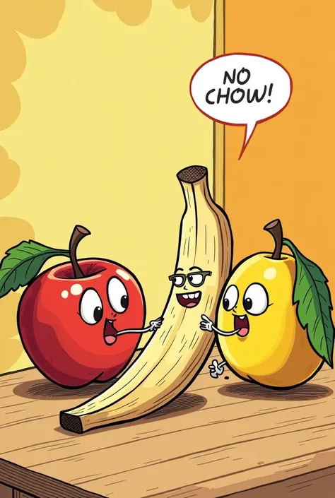 **Blurb Comics **  
 pictures of apples and mangoes that have solved the mystery of whos thorn stuck in the hand of a banana,  provide illustration of his picture  (illustration of apple and mango ,  and there is a picture of a banana that looks like thorn...