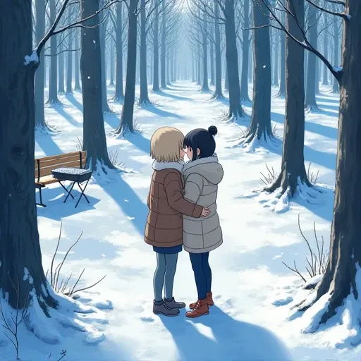 In the cypress forest full of snow
Two 25-year-old girls,with winter outfit
They hugged each other. Their faces were facing each other
There is a wooden bench. A grill is placed. Thats all
The view from above,
very detailed bd cover, poster ; winter, in st...