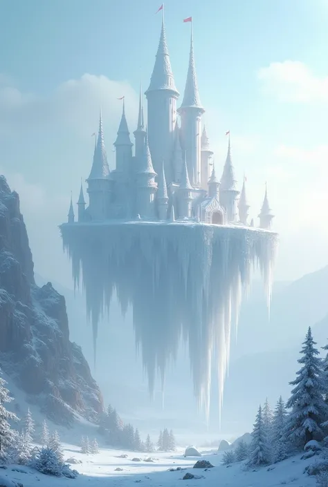 A snowy area that has thin fog and a huge, majestic white palace that hovers in the air