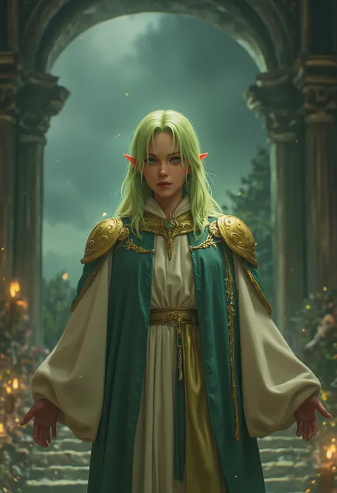 stunning tiefling girl with pastel red skin and pastel green hair, priest or paladin ,   very detailed , masterpiece, 8k,  ultra-detailed , dramatic mood ,  glowing aura , fantasy