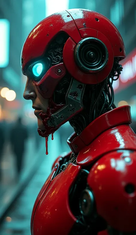 A side profile of a robot in a red suit-inspired exterior, gazing intensely into the distance with glowing, cyan mechanical eyes. The robots face shows detailed synthetic textures, with blood-like liquid dripping from the mouth. A dimly lit, foggy urban se...