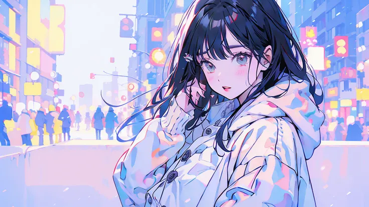 The main character (female): long black hair,  Big eyes with lots of tears ,  Tears flow on the cheeks . clothes: Winter coat(Pastel pink ), muffler(Ivory).
background:  A cold winter night ,  Blurry city streets with neon lights .  Snowflakes fall quietly...