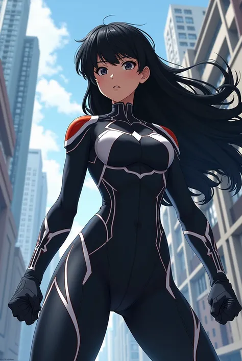  My Hero Academia style ,   anime girl , woman, young woman ,  full body shot ,( Fighting Stance :1.3),Long Hair,  black hair,   dark eyes, hero suit, Full Body Suit, black suit with white details , perfect anatomy,  enhanced abs , super detailed,(building...