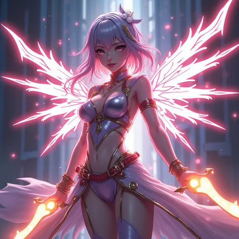 "A captivating manga heroine in the midst of transformation, surrounded by radiant energy and luminous patterns. She wields twin energy blades that shift shapes during her transformation, symbolizing her fluid adaptability. Her outfit transitions seamlessl...