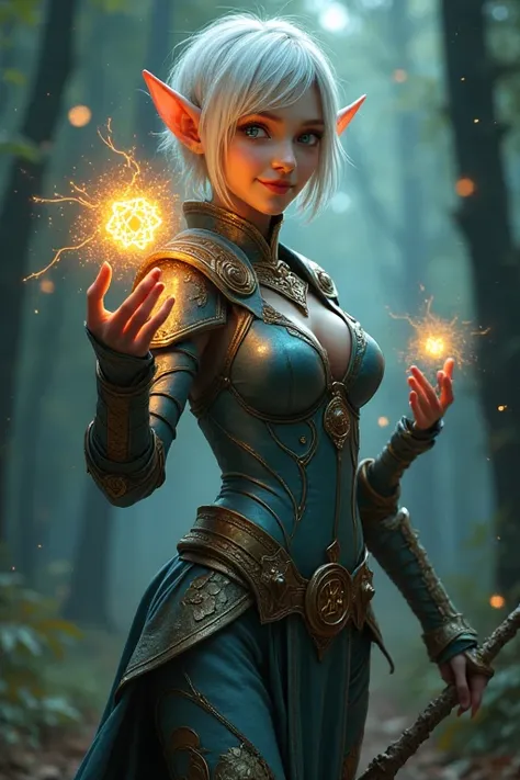 A  very beautiful elf girl, very pale skin tone texture, very colorfull fashionable short hair styles, wearing a cyberpunk armor elvish, ilumminating treasure grade illuminating color armor designs, casting a entanglement root spell magic, holding a treasu...