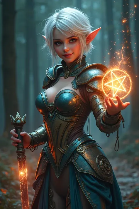 A  very beautiful elf girl, very pale skin tone texture, very colorfull fashionable short hair styles, wearing a cyberpunk armor elvish, ilumminating treasure grade illuminating color armor designs, casting a entanglement root spell magic, holding a treasu...