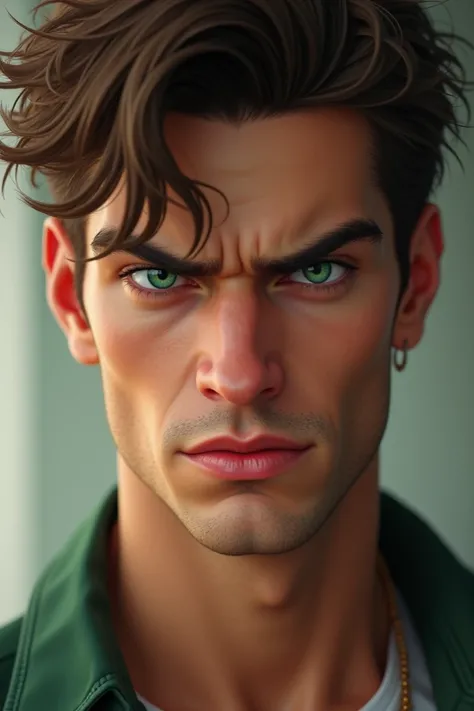  A very attractive white-skinned man with full pink lips and light green eyes, with brown hair .  3D and somewhat realistic drawing style , a man about 20 years old ,  who looks serious and quite dominant and at the same time intimidating .