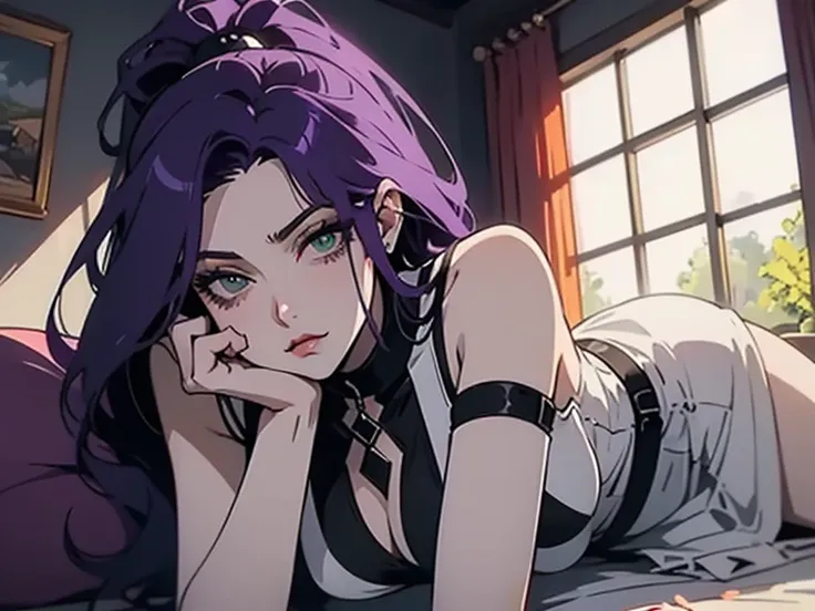 Beautiful woman, long ponytail, elegant white dress, medium breasts, looking directly at the camera, with a sexy look, full body, high detail hands, purple hair, green eyes, anime style