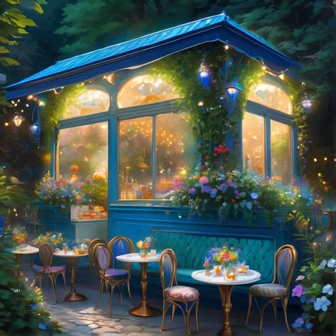 Deep in the forest， 1 Parisian cafe with blue roof and white walls、Overall exterior ， Cafe lights are on at the back of the forest，flower，Minuet，masterpiece，Rich colors， best quality、 Official Art、 fantasy、 colorful 、Nice background、 glitter、 Beautiful Lig...