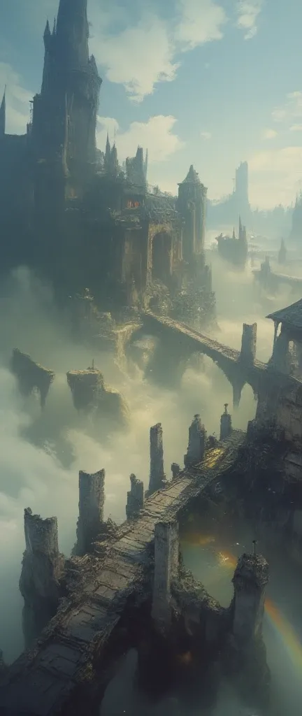 very old bridge(floating in the sky, on the verge of breaking down, stretches far away to castle from the foreground) connected to an ancient castle floating in the sky. in the very deep thick fog and very deep thick haze. Dazzling light pours down from th...