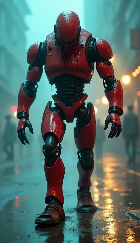 A crimson-suited robot staggering forward with visible damage—blood-like liquid dripping from its mouth and exposed wires sparking at its side. The foggy, neon-lit environment creates a dramatic atmosphere, with reflections of cyan and yellow hues on its m...