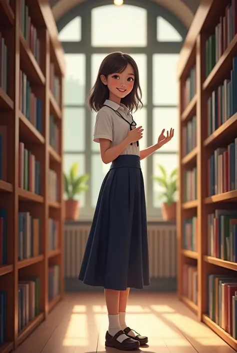 Picture of a real person, a 25 year old Thai student wearing a school uniform. Standing and talking happily in the library
