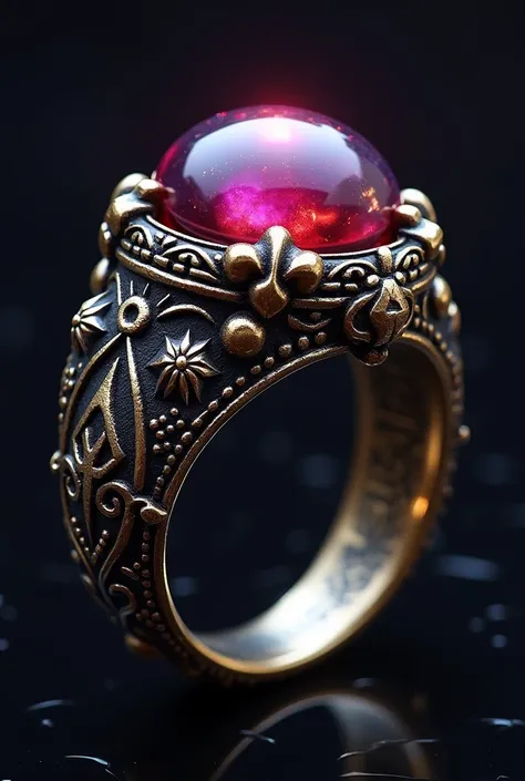  The emperors demon magic ring is a black gold artifact with runic ornaments,  centered on a ,  iridescent red and purple .  Having the power to accumulate the energy of others , , the stone once belonged to the demon emperor ,  whose crimes affected him ,...