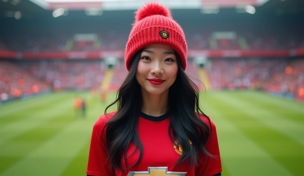 A beautiful, white Korean girl with long black hair wearing a Manchester United shirt, wearing black trousers, wearing a club branded yarn hat, smiling, looking at the camera. The picture behind is an Old Trafford pitch and a lot of fans, full picture.