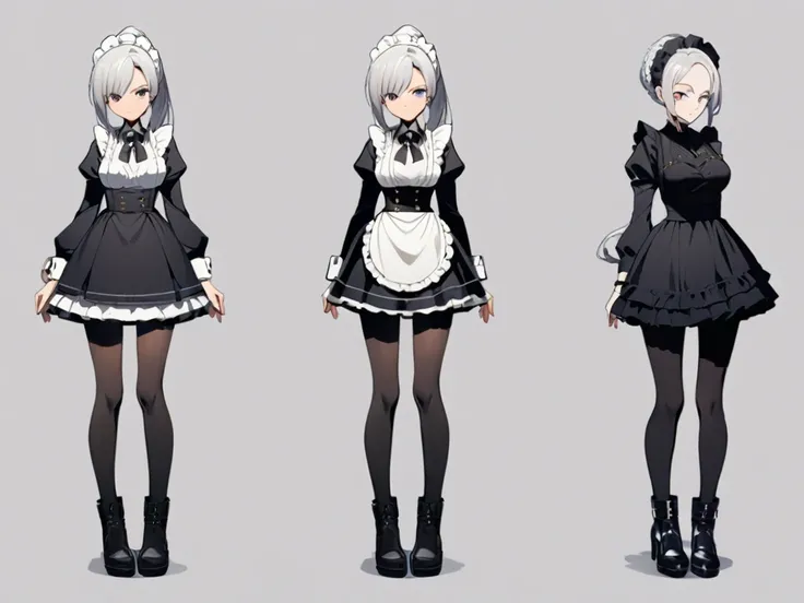 最高image quality、８ｋimage quality、 Clear Outlines、Anime Women、24 years old、 maid outfit , Long Sleeve 、Elegant、 Silver Hair、 ponytail、 Watch Viewers, is cool,Standing、Full body shot、