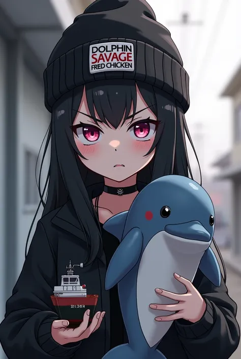 medium shot. Japanese modern goth anime girl wearing a beaning with logo says Dolphin Savage Fried chicken. She holds an angry looking but cute dolphin plush toy and a toy cargo boat.