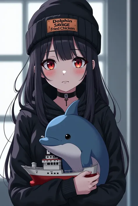 medium shot. Japanese modern goth anime girl wearing a beaning with logo says Dolphin Savage Fried chicken. She holds an angry looking but cute dolphin plush toy and a toy cargo boat.