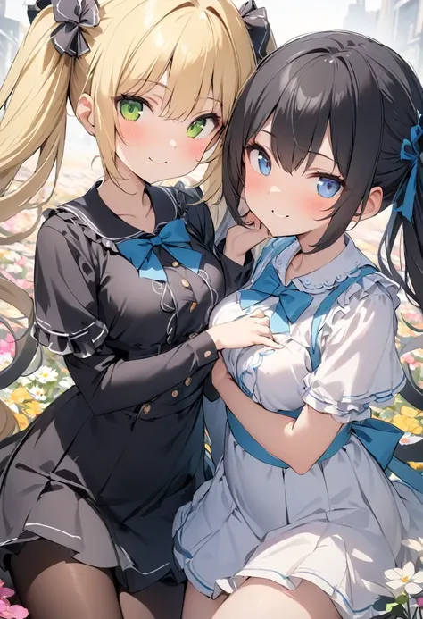  two girls、(( High Quality、 best quality、８ｋ))、((The background is a flower field))、Beautiful and pretty eyes、smile、 mouth on the palm of your hand、 Blonde hair and green eyes  、  high-definition color photos of  ,Break black hair and blue eyes 、 twin-tail ...