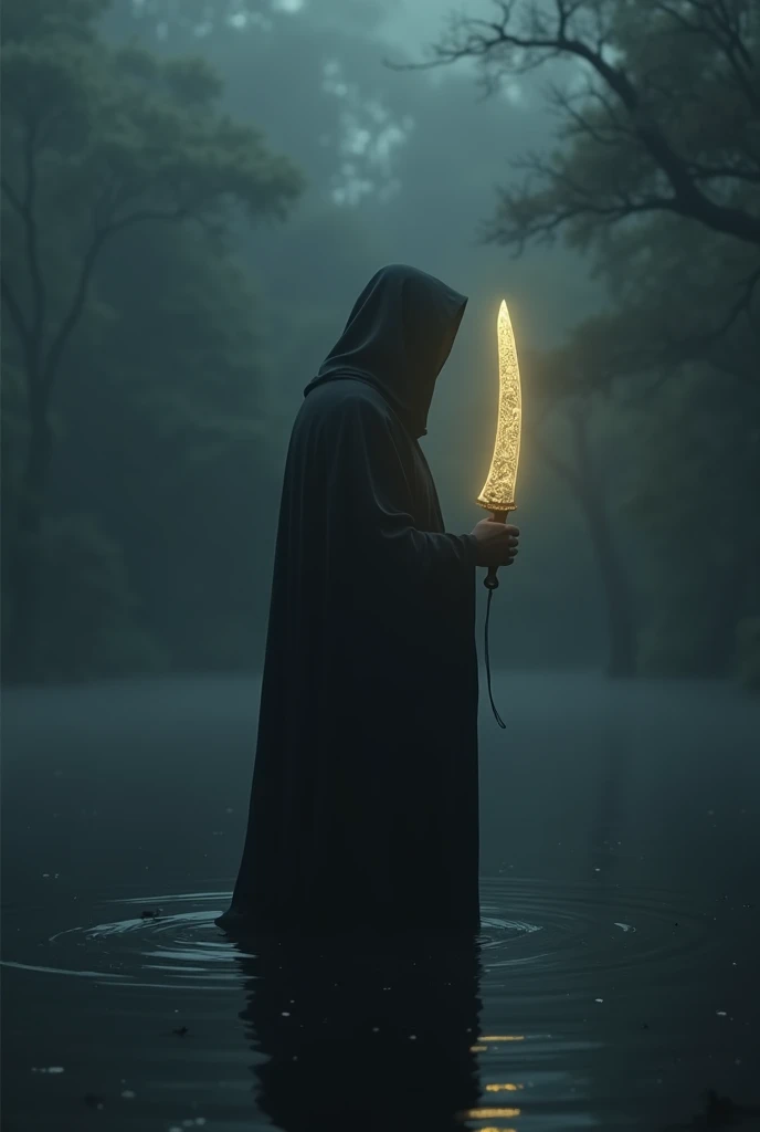 Shadow of man with a hood holding a yellowish glowing javanese keris  in his hand, standing in the middle of lake with dark surrounding give off mystical vibe