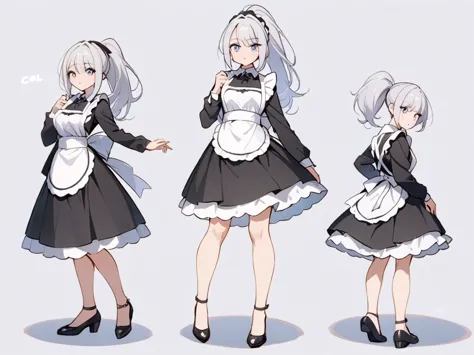 最高image quality、８ｋimage quality、 clear outlines、anime women、24 years old、 maid outfit , long sleeve 、elegant、 silver hair、 ponyt...