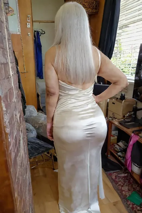 POV from rear of fat 80 year old asian woman with long white hair with bangs wearing very tight long white silk dress, ((very wide hips)), ((big round buttocks)), 