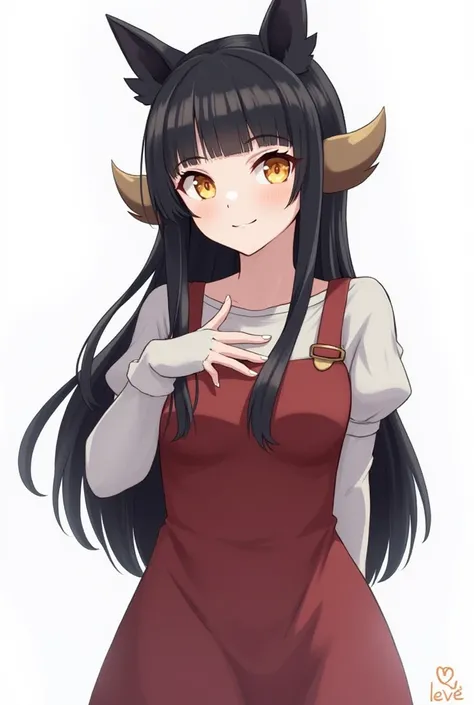 1girl, animal ears, bangs, black hair, blunt bangs, breasts, colored skin, cowboy shot, dress, furry female, horns, long hair, looking at viewer, medium breasts, simple background, smile, solo, white background, yellow eyes