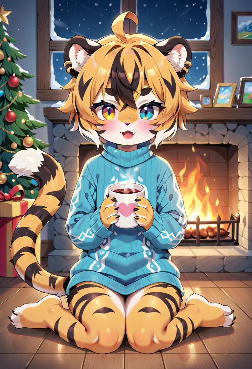 masterpiece, high resolution, best quality, (furry tiger girl, baby body, baby height, flat chest, animal face, animal skin, ani...