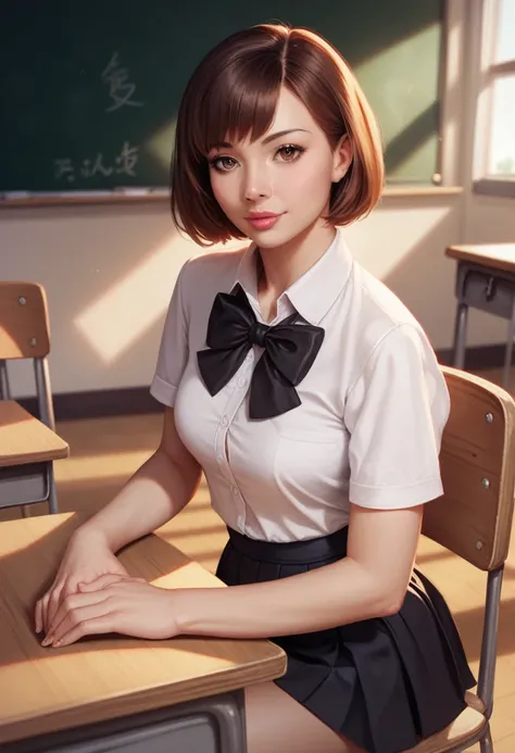 solo girl,  short-hair, looking at viewer, brown hair, shirt, bow, brown eyes, sitting, white shirt, short sleeves, skirt, indoors, bowtie, lips, black bow, chair, table, black bowtie, realistic, classroom ,high_resolution , 8k