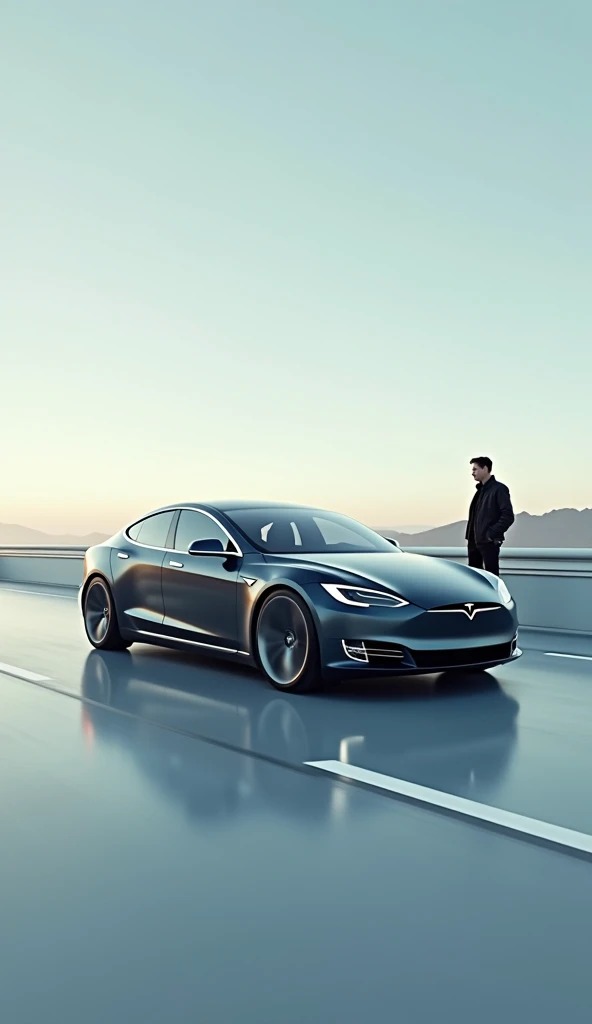 A sleek Tesla Model S driving down a futuristic highway with Elon Musk standing in the background, looking thoughtful. The scene shows Tesla branding and a hint of its technological advancements in clean, minimalistic design.”