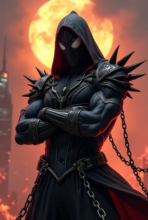 Miles Morales Spiderman fused with spawn. Miles Morales with hood, crossed arms, spiky shoulders, chains round the arms, chains round the forearms, chains round the waist, burning sky