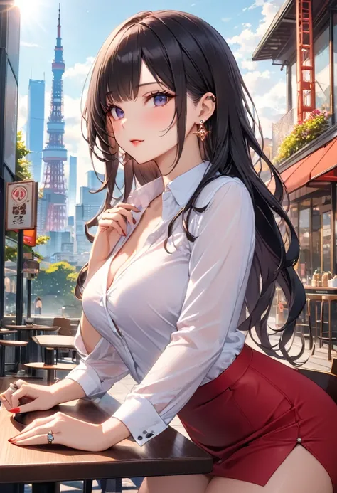 masterpiece,best quality,ultra detailed,high resolution,16k, beautiful,   1 girl,  black long hair by lla,Business shirts、 earrings for a woman alone, Outdoor、Married Woman,sunlight、Clear skies、Cafes in Tokyo、Skyscrapers in the background、 Tokyo tower 、bew...