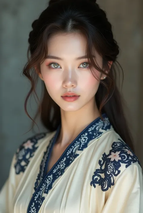 The Korean woman exudes an aura of elegance and grace, her metallic dark brown hair cascading in soft waves, its rich depth contrasting beautifully with her luminous platinum eyes. Her gaze is both captivating and mysterious, gleaming with an almost ethere...