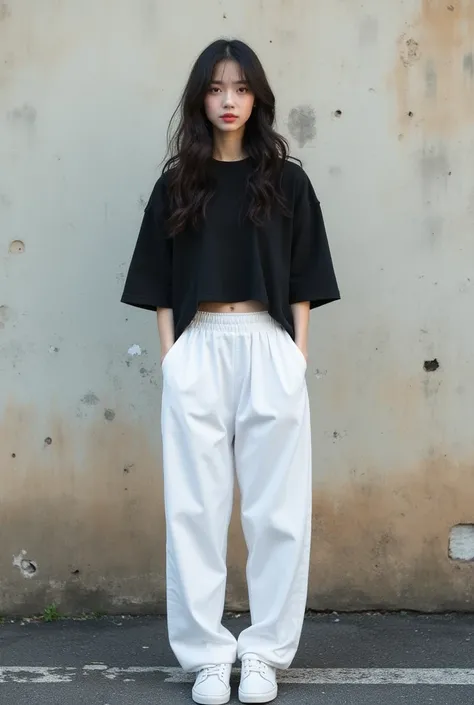 Beautiful korean girl tshirr long length  crop curls glass eye style in kepla wears long t-shirt black crop wears white bagypants wears white vans shoes standing on the curb style with old wall behind her full body photo hdr hd 75k realistic clear high-qua...