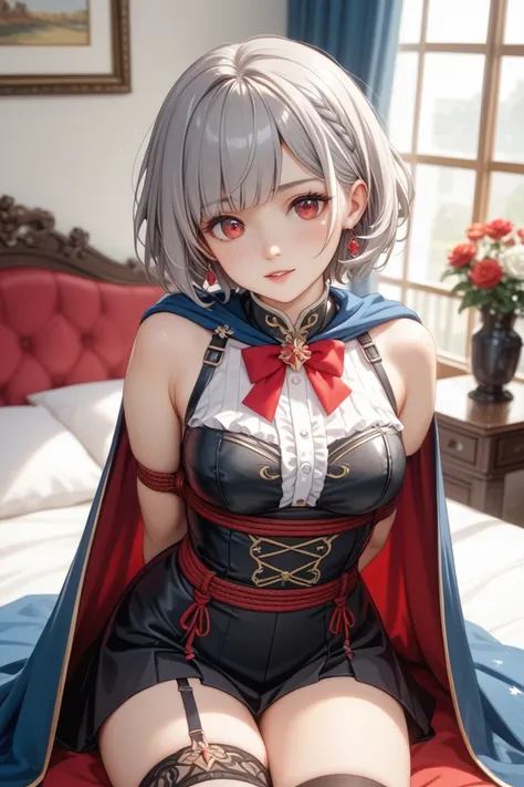 、Lori、 pretty girl、Gray Hair、 tank top 、Great Sword、side、Weak、Gentle、Red Eye、 cute、D Cup、Black clothes、 lots of exposure、Thighs、beautiful、 short hair on the side of the uniform、Perm、Cape、quiet、 bondage、