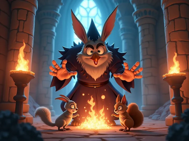  image for a cartoon story YouTube video in Pixar format.  the evil sorcerer Malachi attacks the little rabbit Finnigan and the big owl, little squirrel , firefly . in the castle