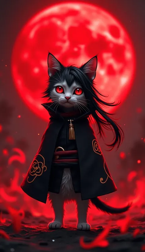 Short legged kitten、Real Cat、Standing on two legs、 kittens wearing Akatsuan costumes、Characteristics of Uchiha Itachi 、Red eyes、 leaf headband , red moon in the background, Red Theme, From Naruto, Long Hair, Wrapped in red flames