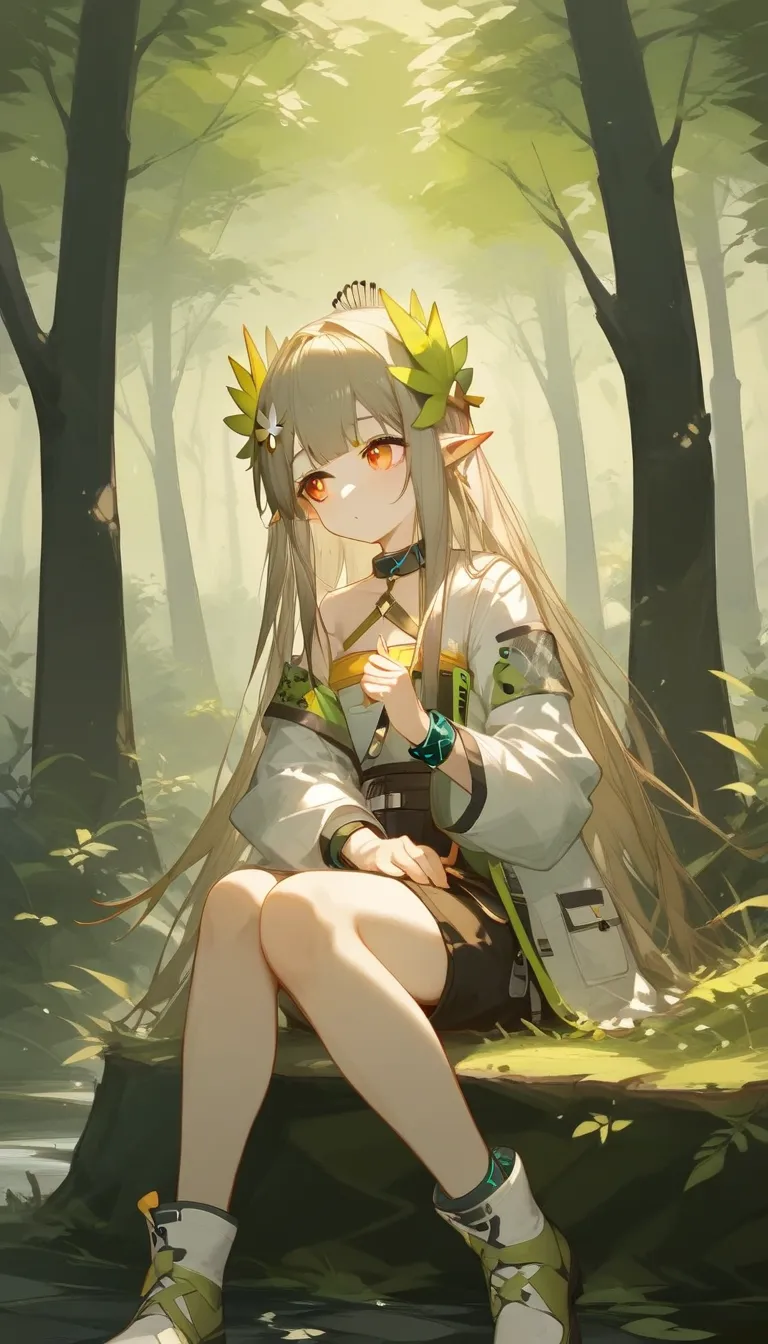 lakeside。forest。sitting on a stump。 beautiful sunrise 。 muelsyse_\( arknights\),score_9,score_8_up,score_7_up,girl, (( super hig...