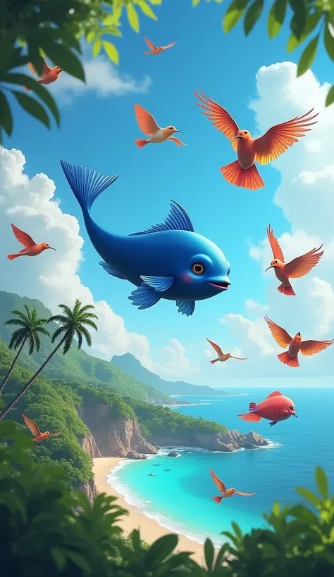 a blue small fish flying above  colorful birds on the air in beautiful island
