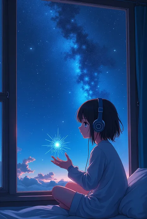 A girl listens to music with headphones by the window next to the bed，Many stars in the night sky are in hand, gammer anime style 