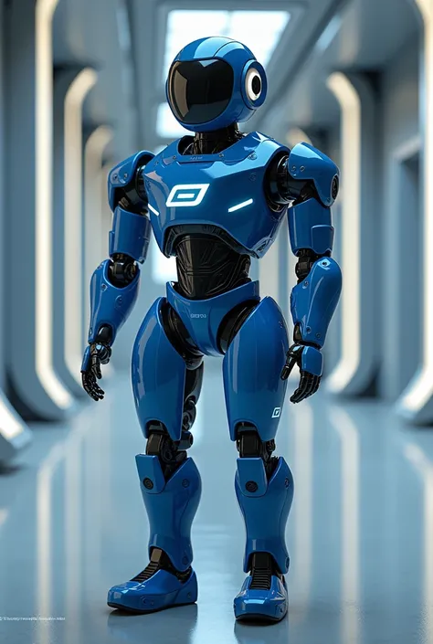 A robot with the Senati logo, Make it blue and white

