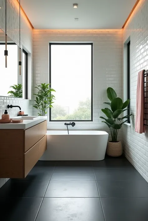 Bathroom. Use black matte tiles on the floor, white subway tiles for the walls, and introduce touches of emerald through plants or blush through accessories like soap dishes and towels.
