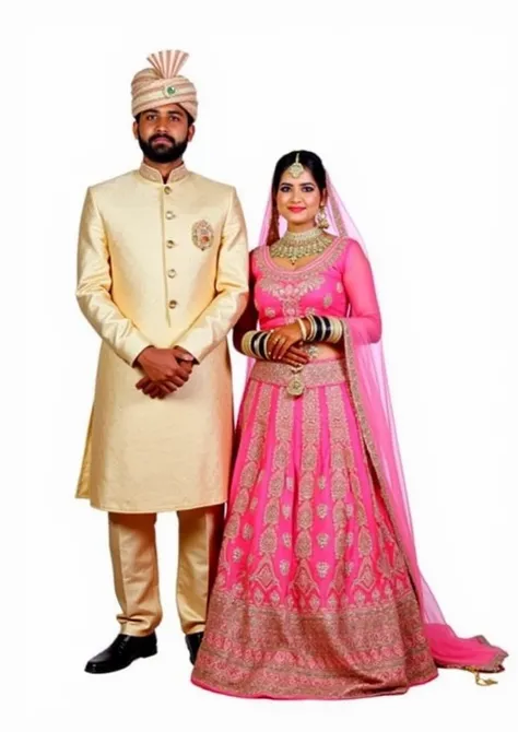 The image shows a bride and groom in traditional Indian attire, with the bride wearing a pink lehenga and the groom wearing a cream-colored kurta. The background is white, creating a beautiful contrast with the vibrant colors of the couples attire.