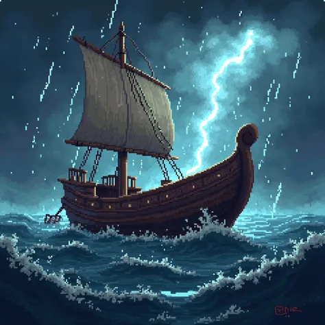 pixelated of a wooden boat with pixelated of thunder storm in it
