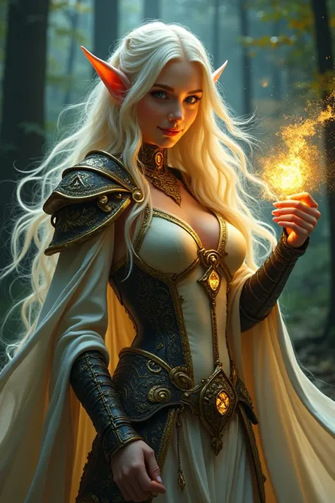 A  very beautiful elf girl, very pale skin tone texture, very colorfull blonde &  fashionable long wavy hair styles, wearing a cyberpunk armor elvish, ilumminating treasure grade illuminating color armor designs, casting a entanglement root spell magic, ho...