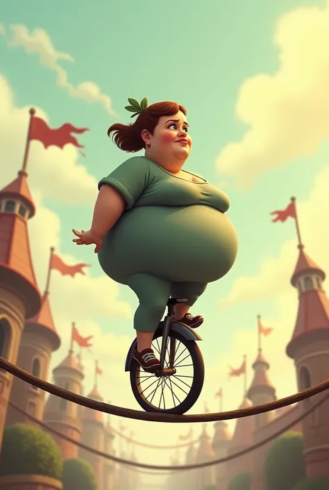 Side view of A fat lady riding a unicycle on a line 