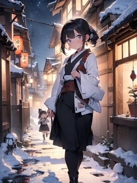 Masterpiece, High Resolution, 8K, ((Best Quality)), ((Masterpiece)), (Details), High Quality, 8K Ultra HD, ((Japanese Painting)), Snowy Mountains in a Snowstorm. ((midnight)). Elf girls are walking down a dark road holding wind chimes in their hands. ((Lot...