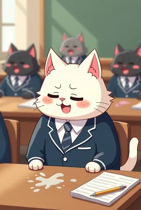 A cute white cat with his school uniform,
Reading in class room with all the class mates Suddenly his stomach starts to hurt, and next part pee in the pants, we want to see pee in his pants,  two black cats laughing on his pee 