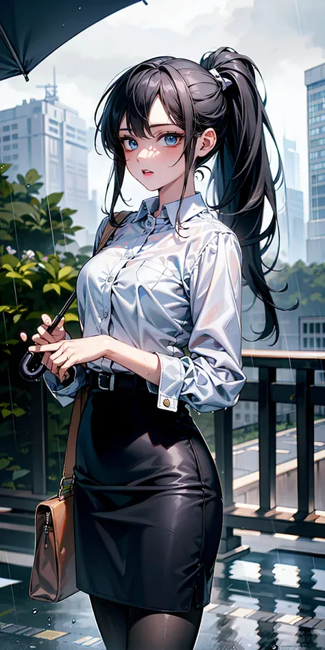 (Ridiculous high resolution, high resolution, masterpiece, Extremely detailed:1.2), 1 Girl,blue eyes, Black long hair,high ponytail，white shirt, black pencil skirt, White handbags、Pantyhose、City Streets,Cowboy-shot, stern look, rain, raindrops, wet chlothi...