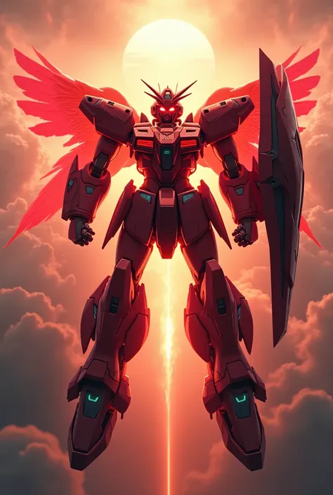  Create a gundam that has a layer , That you are in ultra ,  that has red eyes and that a kind of fire comes out,  mode that uses shield and sword ,  that is floating with the sun behind it 