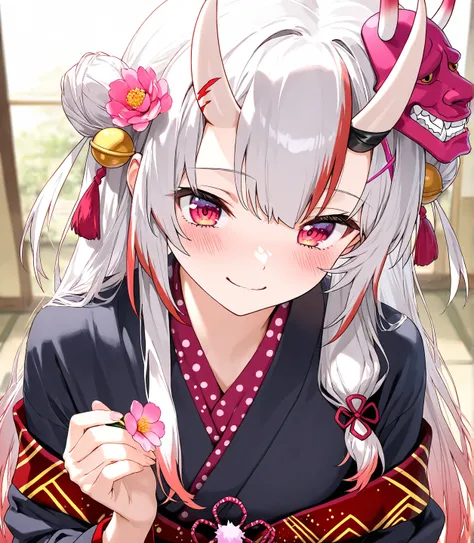 ((Nakiri Ayame)),Girl, long hair, ,alone,masterpiece,Best Quality, blush,red and black kimono,smile, Making and playing with flower crowns.